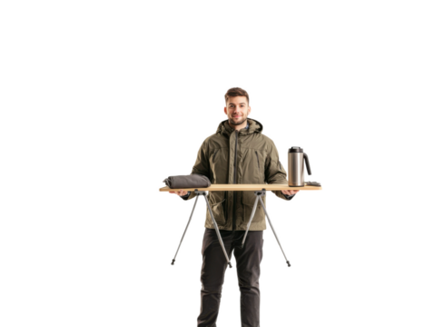 Man in a green jacket is holding a coffee thermos - Powered by Adobe