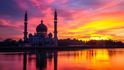 Fototapeta premium Beautiful mosque reflecting in sunset water. Suitable for travel brochures, cultural websites, Ramadan or Eid themed designs
