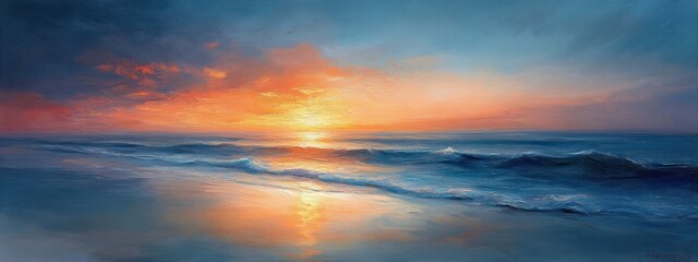 Fototapeta premium Serene Sunrise Landscape Soft Pastel Colors Impressionist Style Warm Light Horizon Nature