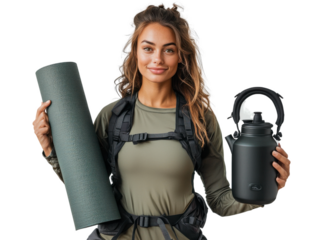 Woman is holding a yoga mat and a water bottle