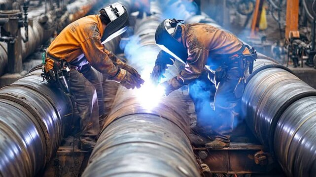 Welders work on the internal welding of a large fuel pipeline in an industrial zone, ensuring precise connections for safe gas flow. The scene includes towering machinery and heavy-duty equipment.