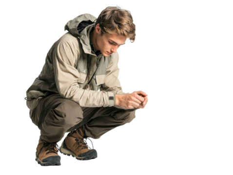 Man is kneeling down and looking at something