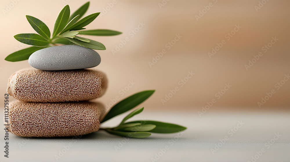 Poster Soft towels and stones create serene wellness setting with greenery