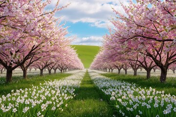 Fototapeta premium Stunning Spring Blossom Fields Capturing Dreamy Landscape Beauty