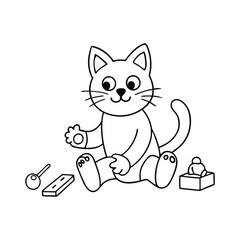A playful cat surrounded by fun toys like yarn balls, mice, and feathers, ready for coloring! Perfect for kids to spark creativity and enjoy hours of fun!