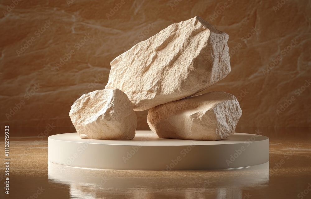 Poster minimalist stone display on brown background with reflective surface and natural rocks