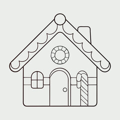 A delightful gingerbread house coloring page for kids featuring candy canes, gumdrops, icing details, and snowy surroundings, perfect for festive creativity and fun!