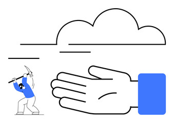 Cloud shape, extended hand, individual with pickaxe mining, lines suggesting motion. Ideal for cloud computing, data acquisition, labor, technology support digital resources teamwork. Line