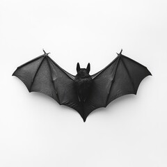 A black bat with outstretched wings displayed against a white background.