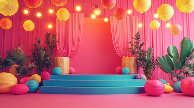 Vibrant stage setup with colorful decor, ideal for events or celebrations.