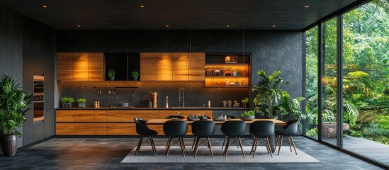 Modern kitchen and dining area with dark wood cabinets, black chairs, and large windows overlooking lush greenery.