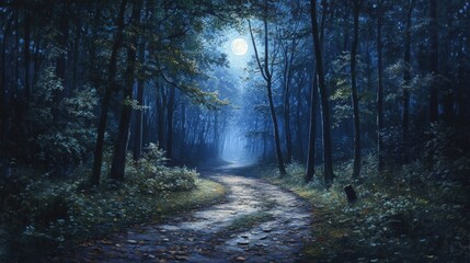 Fototapeta premium Moonlit forest path, trees, tranquil scene.