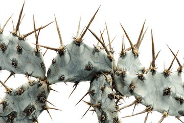 Close-up view of a spiky cactus with sharp thorns, showcasing its unique texture and structure against a white background. Nature and desert plant concept.