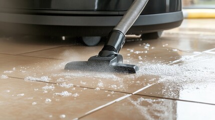 Vacuum Cleaner on Tiled Floor with Dust and Debris Cleaning Action