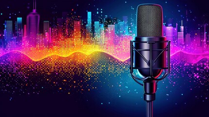 Vibrant City Skyline with Microphone and Colorful Audio Waves