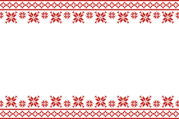 Pixel Christmas Pattern with Red Snowflake Icons on White Background,Nordic and Scandinavian Style,Ideal for Gift Wrapping,Sweaters,Fabric,Border,Banner and Digital Art Projects During the Holiday © BigSaturn 