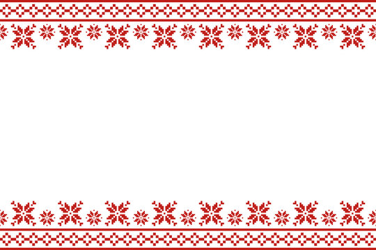 Pixel Christmas Pattern with Red Snowflake Icons on White Background,Nordic and Scandinavian Style,Ideal for Gift Wrapping,Sweaters,Fabric,Border,Banner and Digital Art Projects During the Holiday