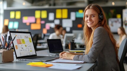 Young Woman Smiling at Desk While Wearing Headphones in Office