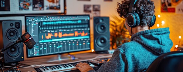 Young Person Creating Music in Home Studio with Computer and Headphones