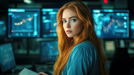 Young Woman with Red Hair in Modern Office with Financial Charts