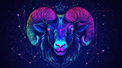 Colorful abstract illustration of a ram's head against a starry night sky, showcasing vibrant hues and intricate details. Astrology and zodiac theme.
