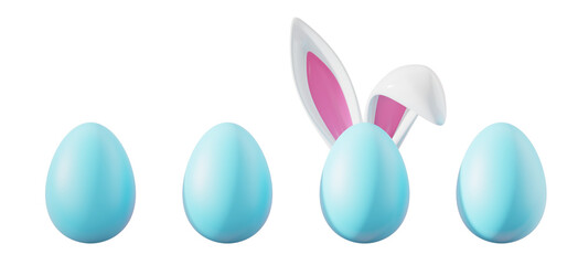 Four blue Easter eggs with one featuring bunny ears, isolated on a white background. Easter theme concept, holiday decoration, 3D Rendering