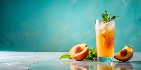 Fototapeta premium Refreshing Peach Iced Tea with Mint Garnish on a Light Blue Surface