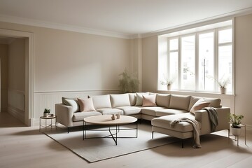 Fototapeta premium Modern L-shaped beige sofa in a bright living room with large windows and wooden floor.