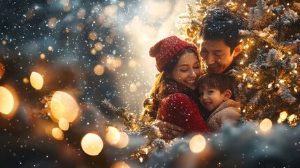 Family Embracing by a Sparkling Christmas Tree in Joyful Moment