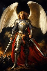 Angelic Warrior Archangel Michael in Silver Armor with Swords Triumphing Over Defeated Army