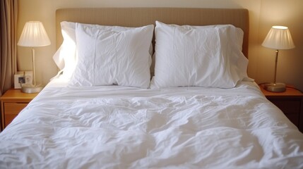 A comfortable double bed in a hotel room, with crisp white sheets and fluffy pillows, creating a welcoming and restful atmosphere.