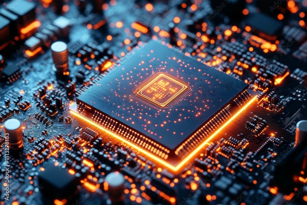 Poster Advanced AI Processor on Modern Motherboard with Illuminated Circuitry