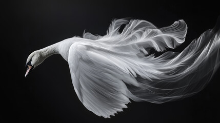Fototapeta premium Realistic 3d detailed white swan feathers on a black background. Vector illustration. Falling feathers abstract light composition