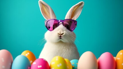 Fototapeta premium White Rabbit with Purple Sunglasses and Colorful Easter Eggs on Turquoise Background