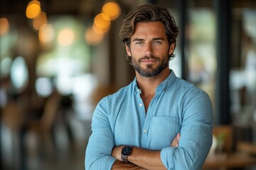 Fototapeta premium Confident African American Small Business Owner in Stylish Blue Shirt Posing in Modern Office