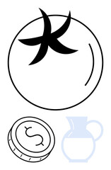 Tomato with a stem, coin with dollar sign, and water jug create an abstract design. Ideal for art projects, food industry, finance, minimalism, education design concepts. Line metaphor