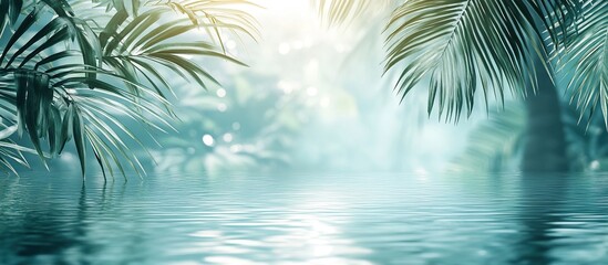 A serene tropical landscape with lush palm leaves and calm water reflecting soft light.