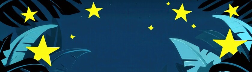 Obraz premium Colorful Night Sky with Stars and Tropical Leaves in Dark Background
