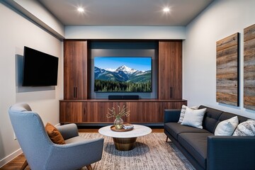 Contemporary Living Room Decor with Wall Mounted TV Wooden Cabinet and Gray Armchair
