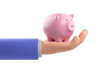 A hand holding a pink piggy bank, isolated, on a white background. 3D rendering visual, highlighting the concept of money savings and finance