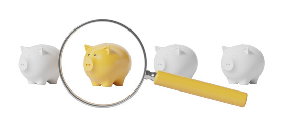 Yellow piggy bank under magnifying glass, surrounded by white piggy banks, isolated on white background. Concept of focus, selection, saving. 3D Rendering.