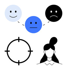 Face with a bun hairstyle next to a series of mood icons and crosshair target. Ideal for psychology, self-care, mental health, coaching, user feedback, emotional analysis, and personal development