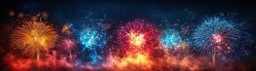 Fototapeta premium Fireworks Display Night Sky Celebration Independenc Day New Year Banner Background Red White Blue