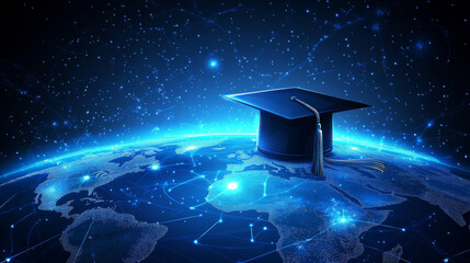 E-learning distance graduate certificate program concept. Low poly 3D render graduation cap on planet Earth World map banner template. Internet education course degree vector illustration