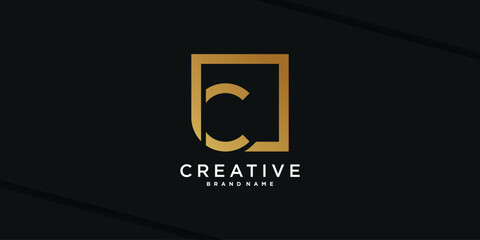Letter initial C logo design with golden square concept. Premium Vector
