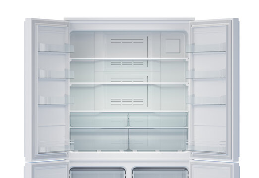 Open refrigerator interior with empty shelves, glass compartments, and side storage, isolated on a white background. Concept of kitchen appliances. 3D Rendering.