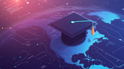 E-learning distance graduate certificate program concept. Low poly 3D render graduation cap on planet Earth World map banner template. Internet education course degree vector illustration