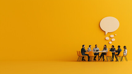 group of professionals discussing ideas in bright yellow meeting room