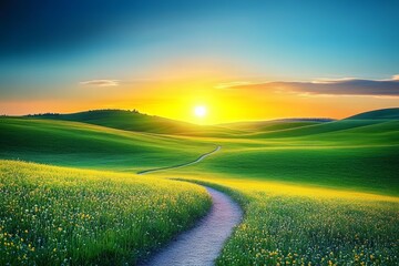 Fototapeta premium Beautiful winding dirt path through vibrant green meadow in countryside under clear blue sky during sunset with distant hills