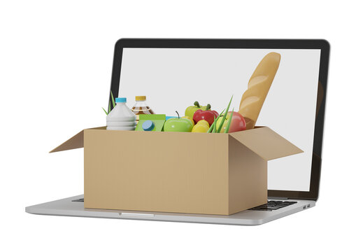 A cardboard box with groceries, including bread, milk, and fruits, emerging from a laptop screen on a white background. Concept of online shopping. 3D Rendering.